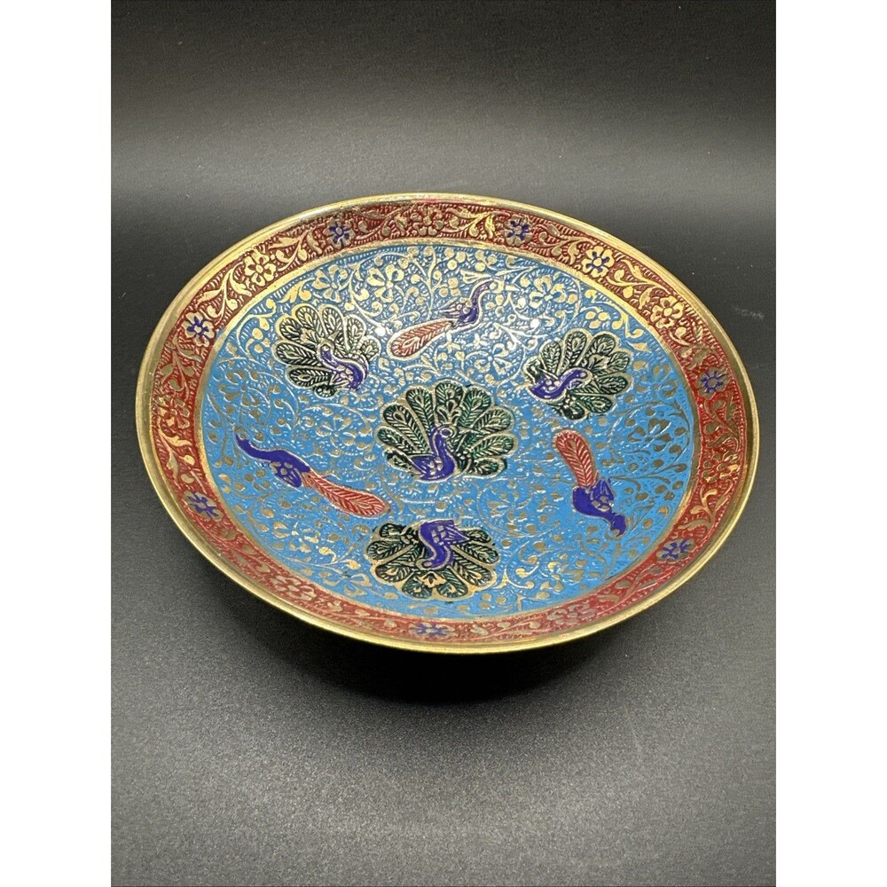 Antique vintage Brass Bowl with Peacock Mayura Indian style 5.5”